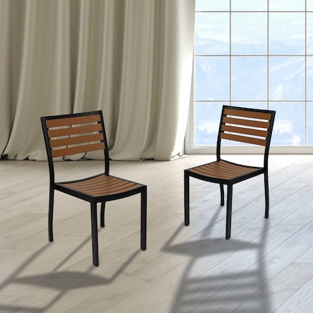 Flash Furniture Lark Outdoor Stackable Side Chair with Faux Teak Poly Slats, PK2 2-XU-DG-HW6036-GG